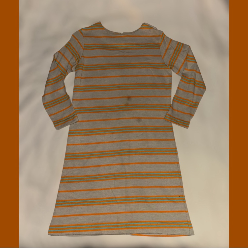 70s Polyester Long Sleeve Zip Up Beige Dress with Orange Stripes